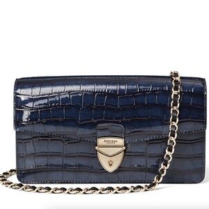 NWT Aspinal of London Mayfair 2 Clutch Bag Midnight Faux Patent Croc